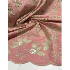 Layse Bordada Premium Bicolor Fundo Rosê Bordado em Kaki Modelo 02 - Comprimento 1,45 m x Largura 1,30 m