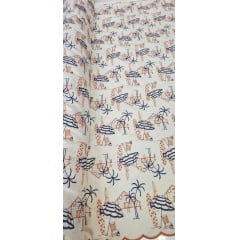 Cambraia Bordada Praia Azul Marinho com Terracota - Comprimento 1,30 m x Largura 1,35 m