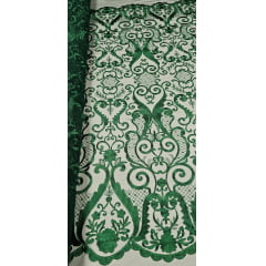Tule Bordado Arabescos com Bico LS2321 VERDE FLORESTA - Comprimento 3,20 m x  Largura 1,30 m 