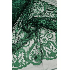 Tule Bordado Arabescos com Bico LS2321 VERDE FLORESTA - Comprimento 3,20 m x  Largura 1,30 m 