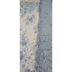 Tule Bordado Com Pedrarias e Bordados em 3D Premium Azul Serenity - Comprimento 0,90 cm x Largura 1,30 m 