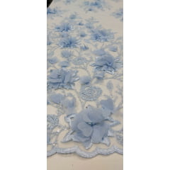 Tule Bordado Com Pedrarias e Bordados em 3D Premium Azul Serenity - Comprimento 0,90 cm x Largura 1,30 m 