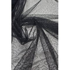 Tule Bordado Caminho Sem Fim Preto com Mini Paetês - Comprimento 0,60 cm x Largura 1,60 m
