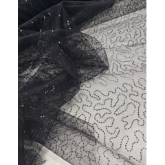 Tule Bordado Caminho Sem Fim Preto com Mini Paetês - Comprimento 0,60 cm x Largura 1,60 m