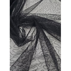 Tule Bordado Caminho Sem Fim Preto com Mini Paetês - Comprimento 0,60 cm x Largura 1,60 m