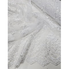 Tule Bordado com Pedrarias Branco I17 CORTE TORTO - Comprimento 0,80 cm x Largura 1,30 m 
