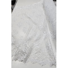 Tule Bordado com Pedrarias Branco I17 CORTE TORTO - Comprimento 0,80 cm x Largura 1,30 m 
