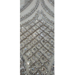 Tule Bordado com Pedrarias Premium Arabescos Champagne Modelo HS1042 - Comprimento 0,45 cm x Largura 1,30 m