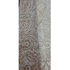 Tule Bordado com Pedrarias Premium Arabescos Champagne Modelo HS1042 - Comprimento 0,45 cm x Largura 1,30 m