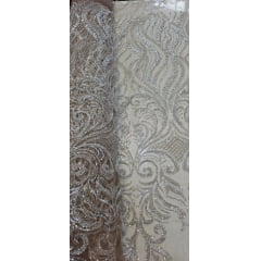 Tule Bordado com Pedrarias Premium Arabescos Champagne Modelo HS1042 - Comprimento 0,45 cm x Largura 1,30 m