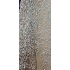 Tule Bordado com Pedrarias Premium Arabescos Champagne Modelo HS1042 - Comprimento 0,45 cm x Largura 1,30 m