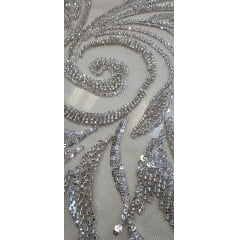 Tule Bordado com Pedrarias Premium Arabescos Champagne Modelo HS1042 - Comprimento 0,45 cm x Largura 1,30 m