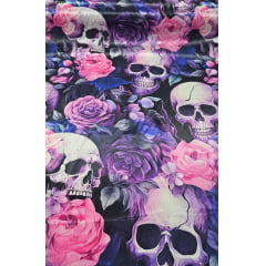 Cetim Estampado Digital Caveiras com Rosas Roxas - Comprimento 0,90 cm x Largura 1,47 m  