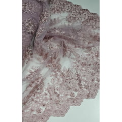 Tule Bordado com Pedrarias Rosê I17 - Comprimento 0,90 cm x Largura 1,30 m 