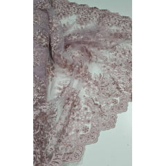 Tule Bordado com Pedrarias Rosê I17 - Comprimento 0,90 cm x Largura 1,30 m 