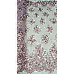 Tule Bordado com Pedrarias Rosê I17 - Comprimento 0,90 cm x Largura 1,30 m 