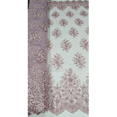 Tule Bordado com Pedrarias Rosê I17 - Comprimento 0,90 cm x Largura 1,30 m 