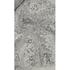 Tule Bordado Europa Branco com Fio Metálico Prata MCT - Comprimento 3,40 m x Largura 1,30 m