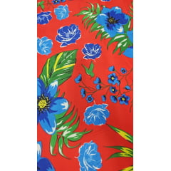 Chitão Estampado Fundo Vermelho com Flores Azul e Pássaros STC - Comprimento 1 m x Largura 1,40 m