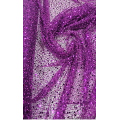 Tule Bordado com Paetês e Pedrarias Fúcsia - Comprimento 1,70 m x Largura 1,30 m