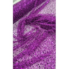 Tule Bordado com Paetês e Pedrarias Fúcsia - Comprimento 1,70 m x Largura 1,30 m