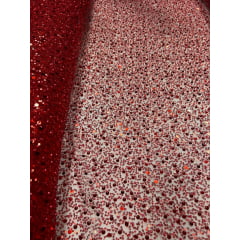 Tule Bordado com Paetês e Pedrarias Vermelho - Comprimento 1 m x Largura 1,30 m