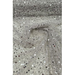 Tule Bordado com Paetês e Pedrarias Prata COM DEFEITO - Comprimento 0,60 cm x Largura 1,30 m  Tule Bordado com Paetês e Pedrarias Prata COM DEFEITO - Comprimento 0,60 cm x Largura 1,30 m