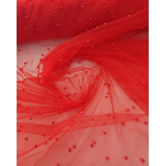 Tule Iluzione com Pérolas Vermelho Ferrari  COM DEFEITO - Comprimento 1,70 m x Largura1,60 m 