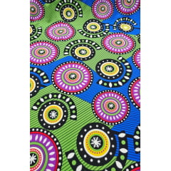 Crepe Verona Com Elastano Estampado Africano Desenho 02  Fundo Azul e Verde - Comprimento 1,50 m x Largura 1,50 m