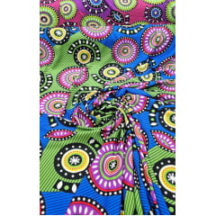 Crepe Verona Com Elastano Estampado Africano Desenho 02  Fundo Azul e Verde - Comprimento 1,50 m x Largura 1,50 m