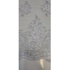 Tule Bordado Europa Branco com Fio Metálico Prata MCT Modelo 02   - Comprimento 0,75 cm x Largura 1,30 m