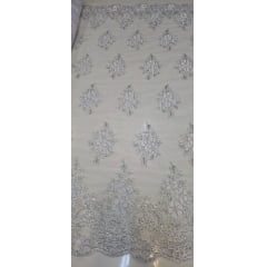 Tule Bordado Europa Branco com Fio Metálico Prata MCT Modelo 02   - Comprimento 0,75 cm x Largura 1,30 m
