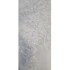 Tule Bordado Com Pedrarias e Bordados em 3D Premium Branco GDT - Comprimento 0,35 cm x Largura 1,35 m