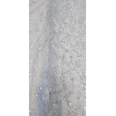 Tule Bordado Com Pedrarias e Bordados em 3D Premium Branco GDT - Comprimento 0,35 cm x Largura 1,35 m
