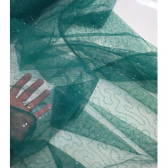 Tule Bordado Caminho Sem Fim Verde Esmeralda com Paetê Infinity COM DEFEITO  - Comprimento 1 m x Largura 1,50 m