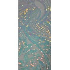 Paetê Bordado Radiance Branco Holográfico CORTE TORTO - Comprimento 0,90 cm x Largura 1,30 m