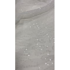 Tule Bordado Caminho Sem Fim Branco com Paetê Transparente - Comprimento 1,30 m x Largura 1,60 m