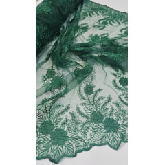 Tule Bordado com Fio Metálico Verde Bandeira 149A - Comprimento 1 m x Largura 1,30 m