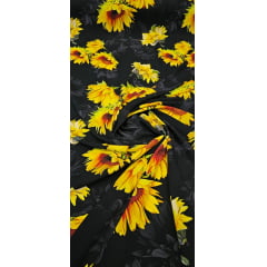 Popeline de Viscose Digital Girassol Fundo Preto - Comprimento 3 m x Largura 1,47 m