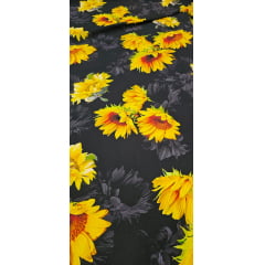Popeline de Viscose Digital Girassol Fundo Preto - Comprimento 1,50 m x Largura 1,47 m 