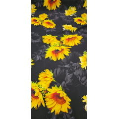 Popeline de Viscose Digital Girassol Fundo Preto - Comprimento 1,50 m x Largura 1,47 m 