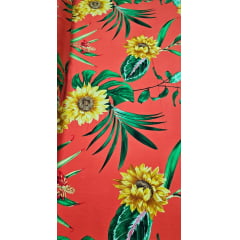 Popeline de Viscose Estampada Girassol Fundo Coral - Comprimento 1 m x Largura 1,47 m