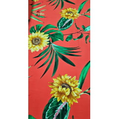 Popeline de Viscose Estampada Girassol Fundo Coral - Comprimento 1 m x Largura 1,47 m