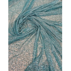 Tule com Glitter Azul Tiffany Pesado COM FURO - Comprimento 1 m x Largura 1,40 m