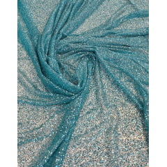 Tule com Glitter Azul Tiffany Pesado COM FURO - Comprimento 1 m x Largura 1,40 m