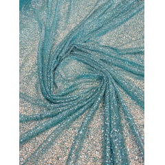 Tule com Glitter Azul Tiffany Pesado COM FURO - Comprimento 1 m x Largura 1,40 m