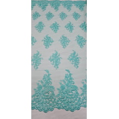 Tule Bordado com Bico Verde Tiffany Modelo 1838B - Comprimento 2,50 m x Largura 1,30 m Tule Bordado com Bico Verde Tiffany Modelo 1838B - Comprimento 2,50 m x Largura 1,30 m