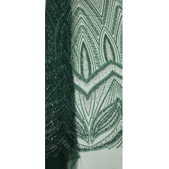 Tule Bordado com Pedrarias Premium Verde Floresta 16296A - Comprimento 0,50 cm x Largura 1,30 m