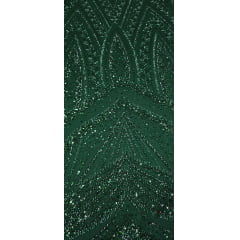 Tule Bordado com Pedrarias Premium Verde Floresta 16296A - Comprimento 0,50 cm x Largura 1,30 m
