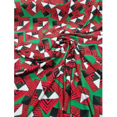 Crepe Verona Com Elastano Estampado Africano Desenho 05  Fundo Vermelho e Verde - Comprimento 2,50 m x Largura 1,50 m